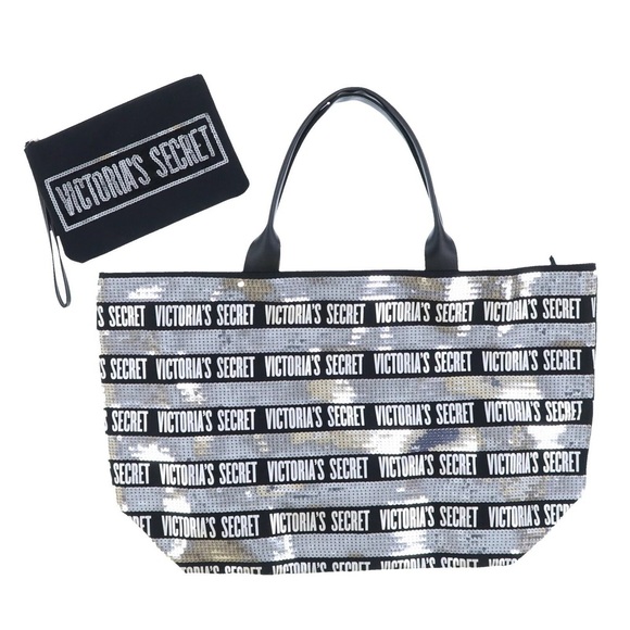 Victoria's Secret Handbags - Victoria's Secret Black and Silver Striped Tote